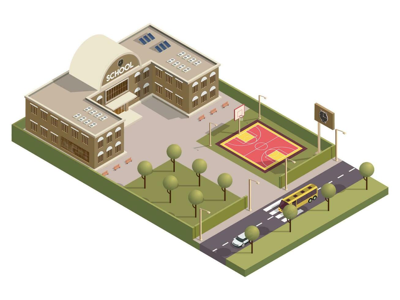 Isometric view of school building and basketball ground yard along transport street background. vector