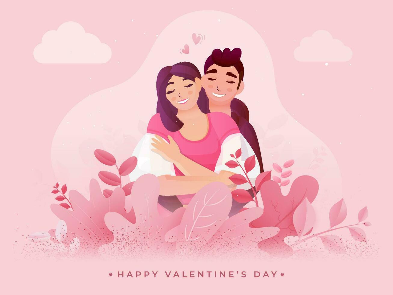 Loving Couple Character Sitting on Pink Nature View Background for Happy Valentine's Day Celebration. vector