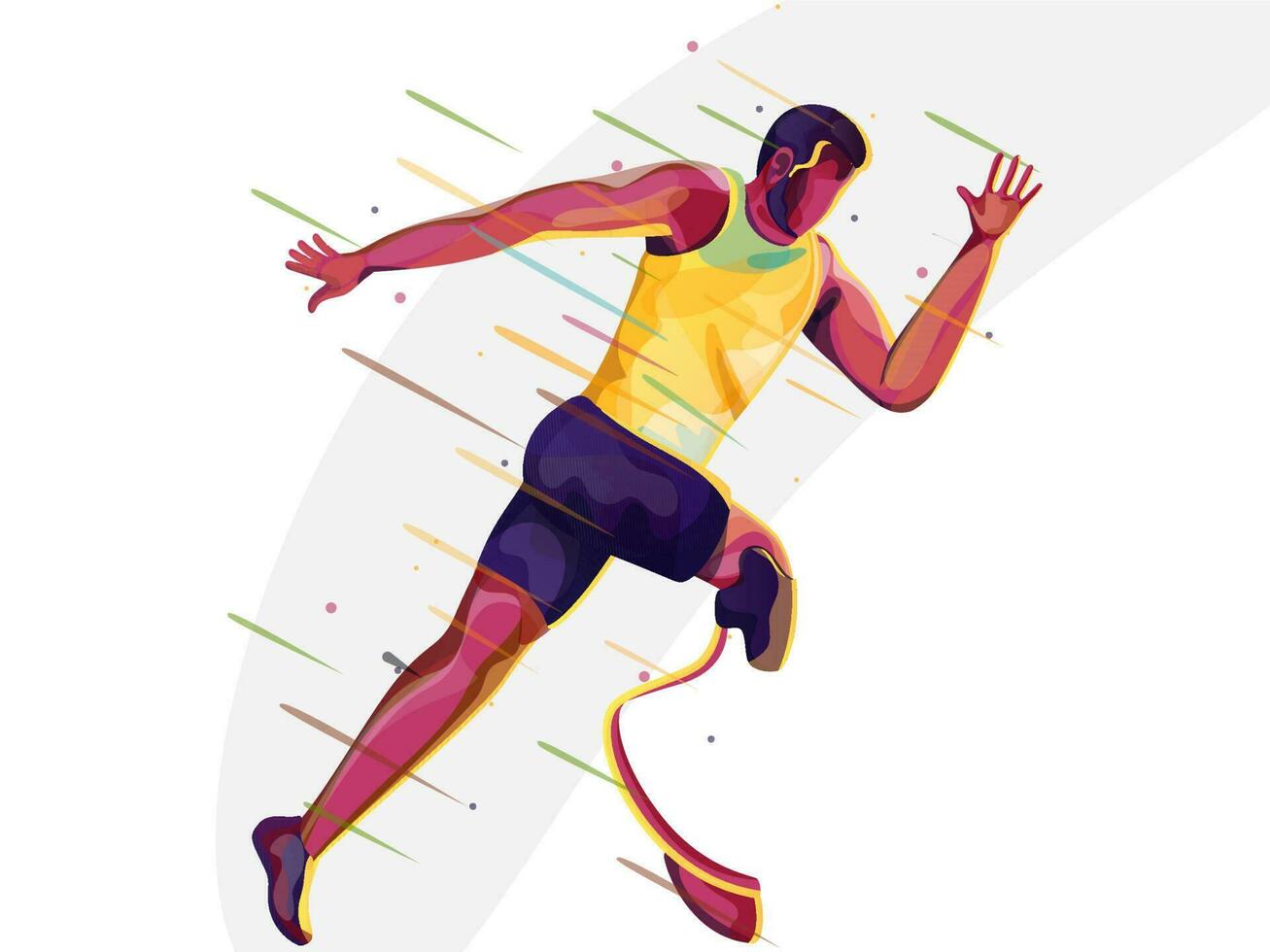 Faceless Disabled Man Running Fast and Abstract Rays on White Background. vector