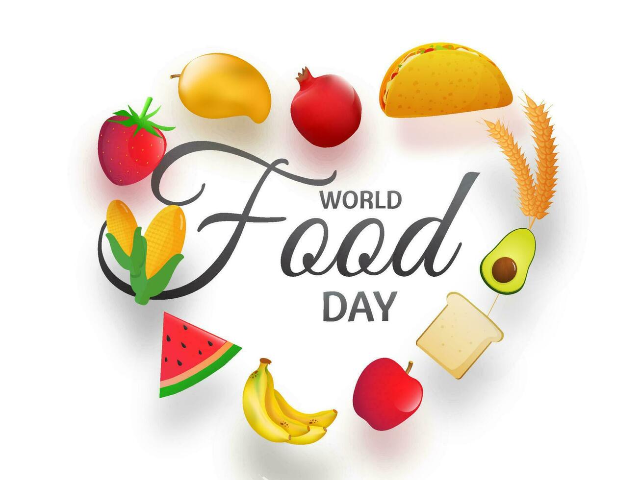 World Food Day text with fruits, taco, bread, corn and wheat decorated on white background. Can be used as banner or poster design. vector