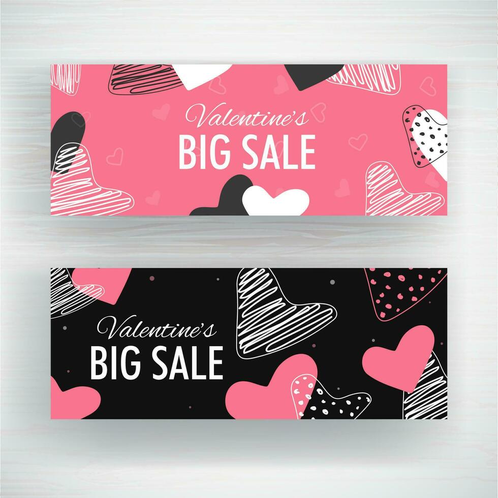 Pink and Black Big Sale Header or Banner Design Decorated with Scribble Style Hearts Shape for Valentine's Day. vector