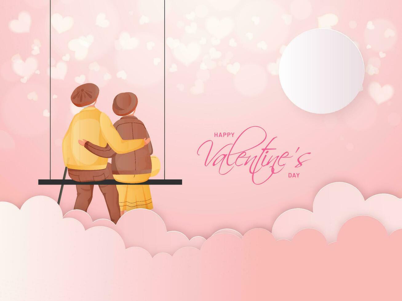 Back View of Loving Old Couple Sitting on Swing and Pink Paper Cut Cloudy Background for Happy Valentine's Day. vector