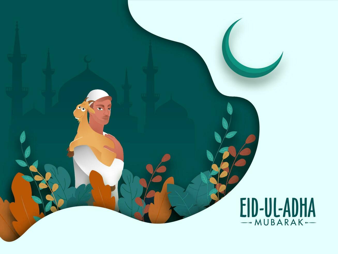 resumen verde papel cortar antecedentes con silueta mezquita, creciente luna, tropical hojas y musulmán hombre participación un dibujos animados cabra para eid-ul-adha mubarak. vector