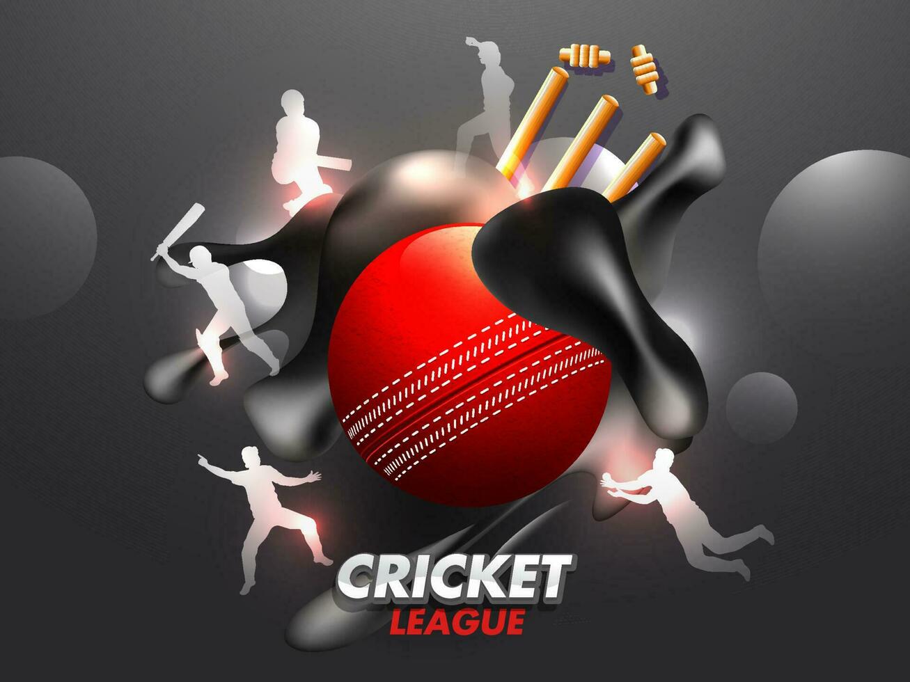 Shiny fluid color art on black background with silhouette of Cricket players in different pose for Cricket League poster or banner design. vector