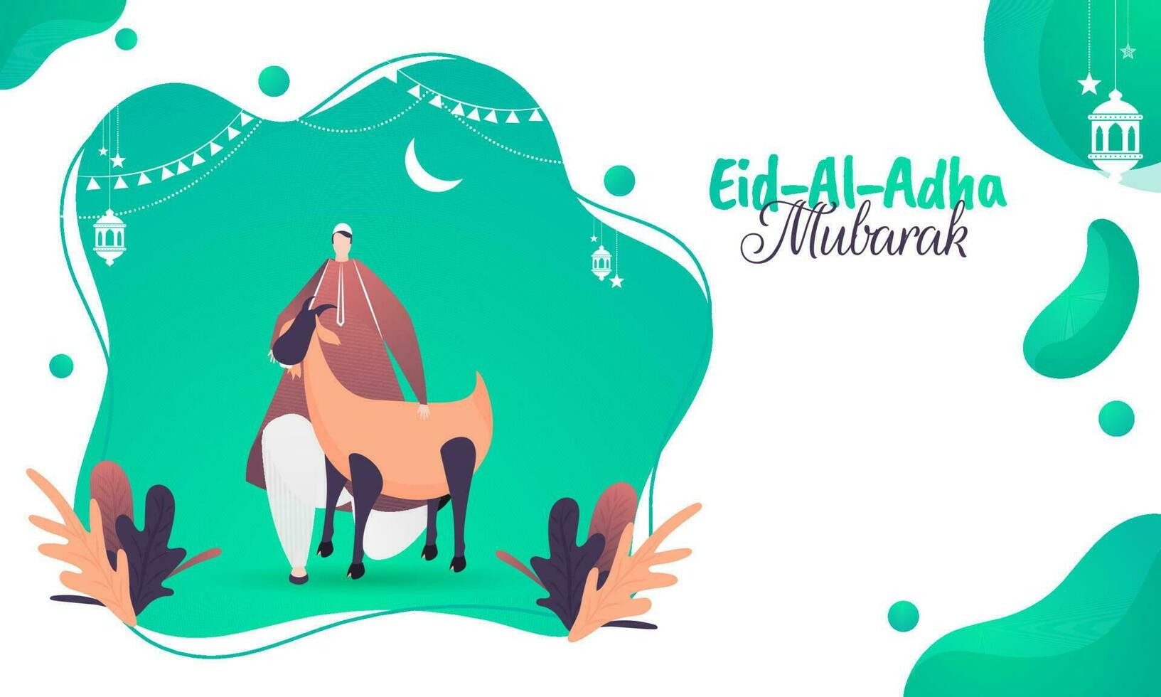 Poster or banner design with cartoon character of man hugging goat on abstract green background for Eid-al-Adha Mubarak festival. vector