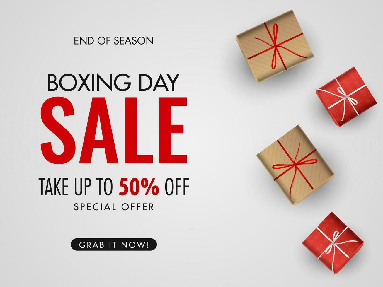 Boxing Day Sale poster or banner design with discount offer and top view of gift boxes on white background. vector