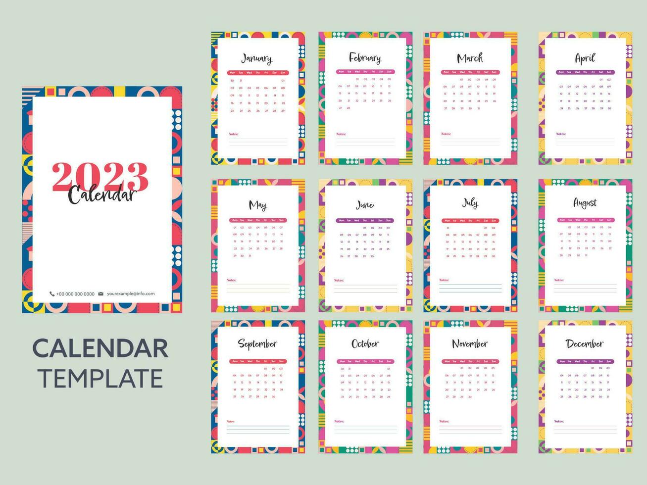 12 Month, 2023 Calendar Template Design In Bauhaus Pattern Border Against Gray Background. vector