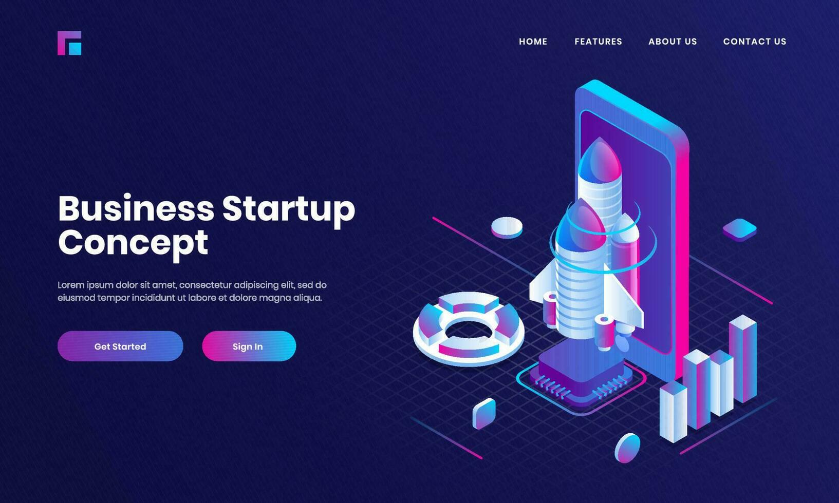 Purple website poster or landing page design with 3d illustration of smartphone, rocket and infographic graph for Business Startup Concept. vector