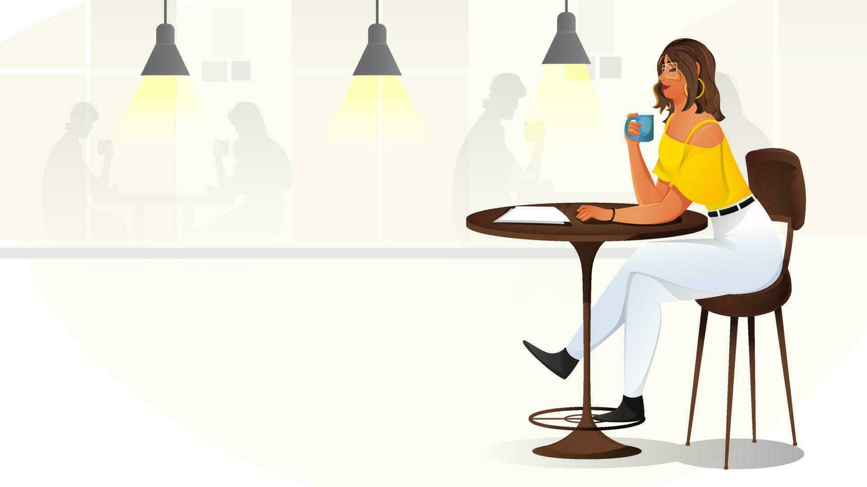 joven niña Bebiendo té o café sentado en cafetería. vector