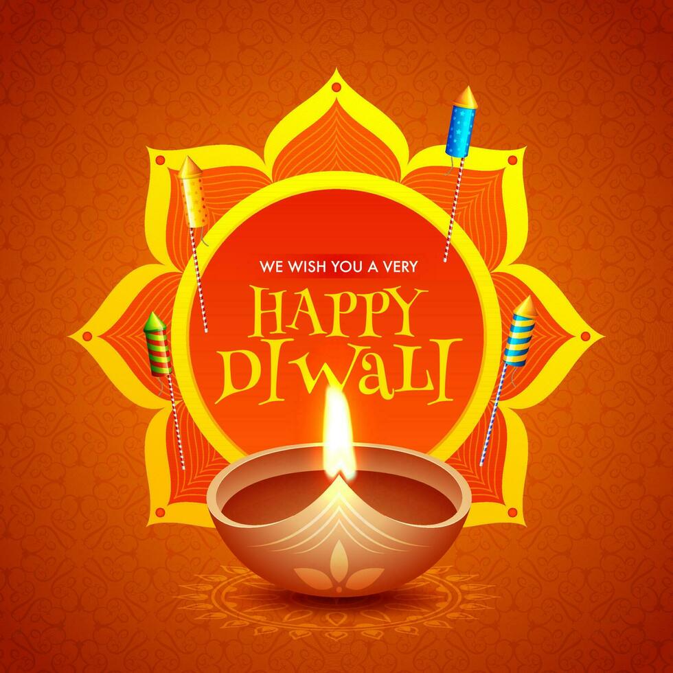 Happy Diwali celebration greeting card design with illuminated oil lamp and rocket fireworks illustration on brown floral pattern background. vector