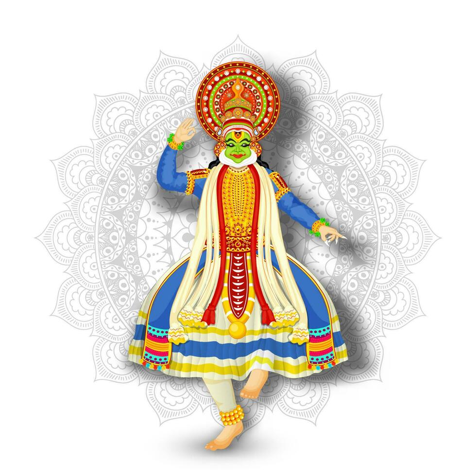 Illustration of Kathakali Dancer performing on white mandala pattern background. vector