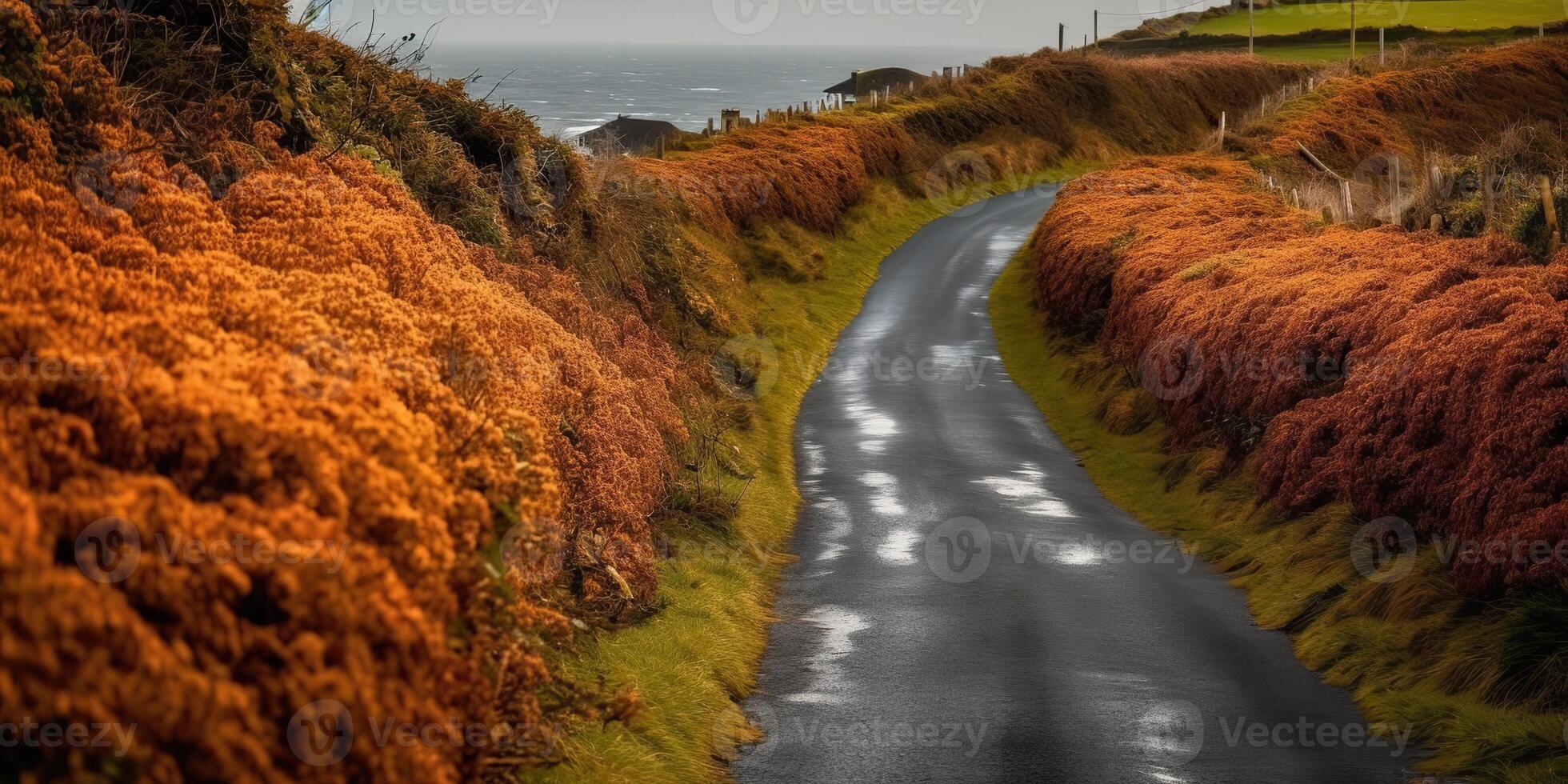 . . Photo realistis photography illustration of coastline irish road travel. Mountaines explore adventure trip vibe. Graphic Art