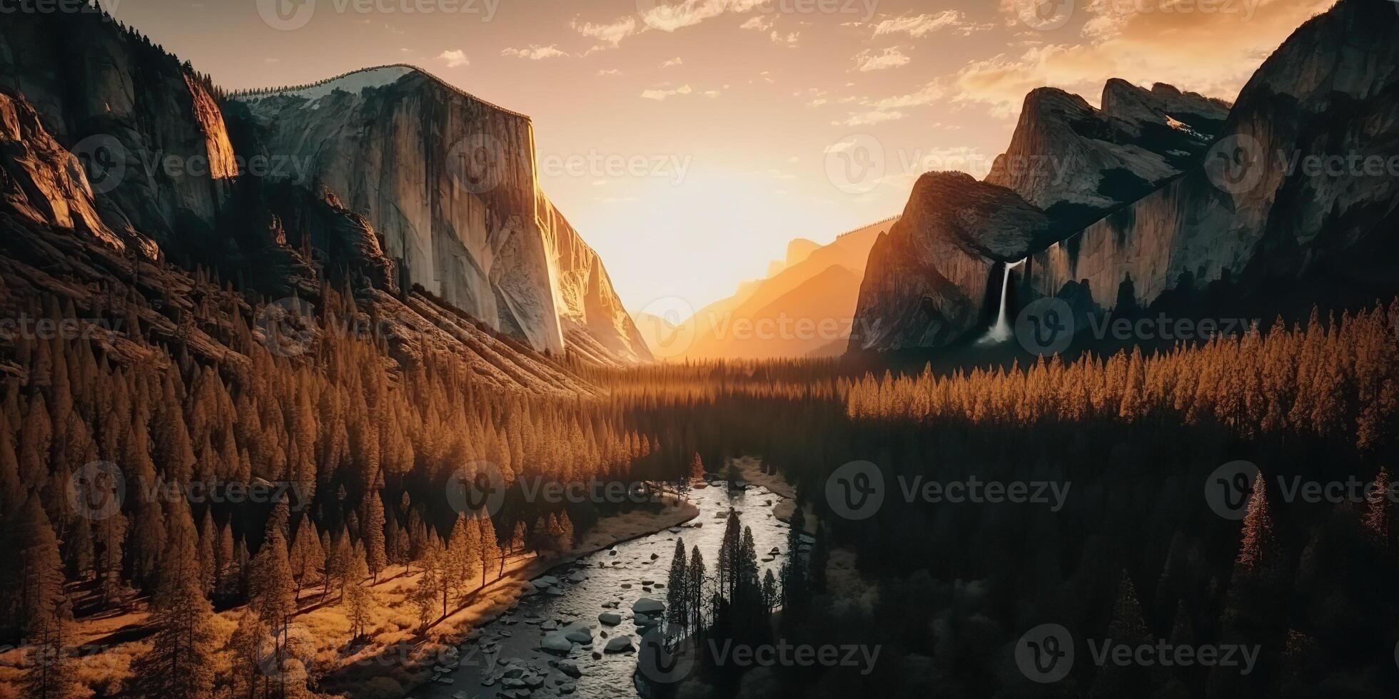 . . Photo realistic illustration of usa american Yosemite national park in the evening morning. Adventure explore vibe. Graphic Art