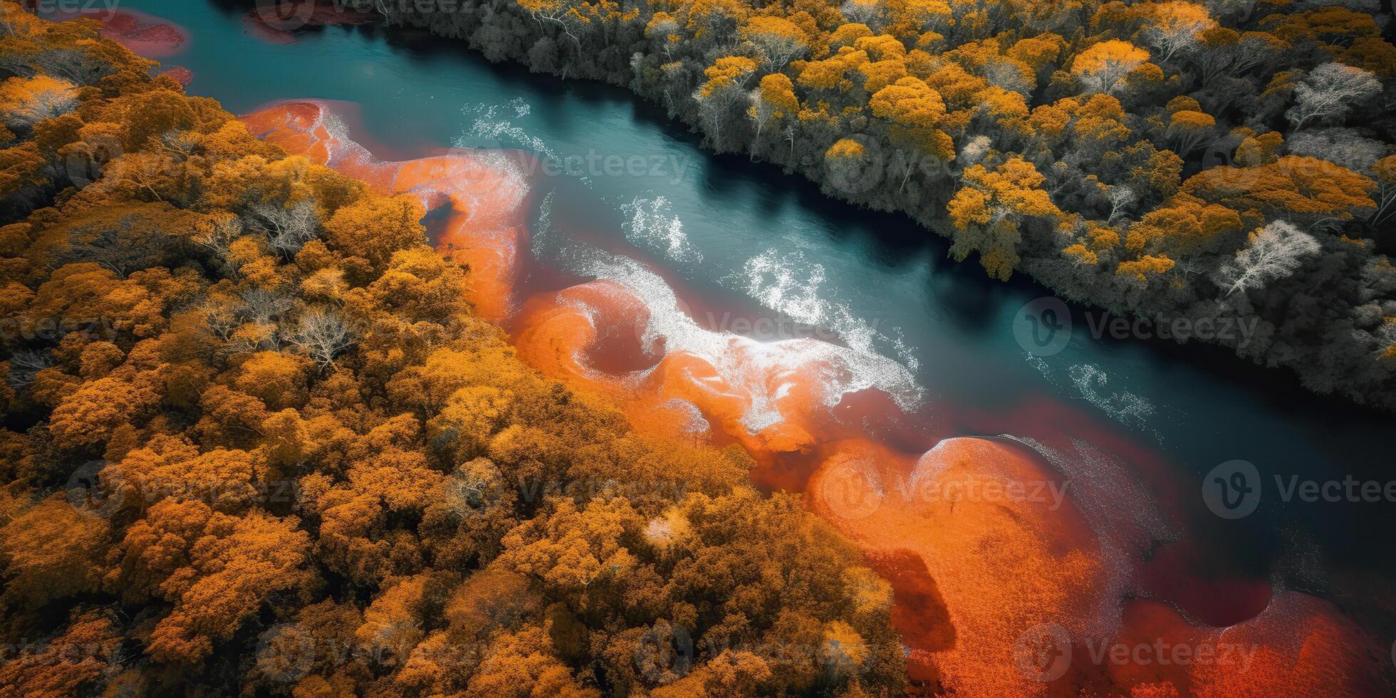 . . Photo realistic illustration of top view dron amazon river in the rain season. Adventure tropical explore vibe. Graphic Art