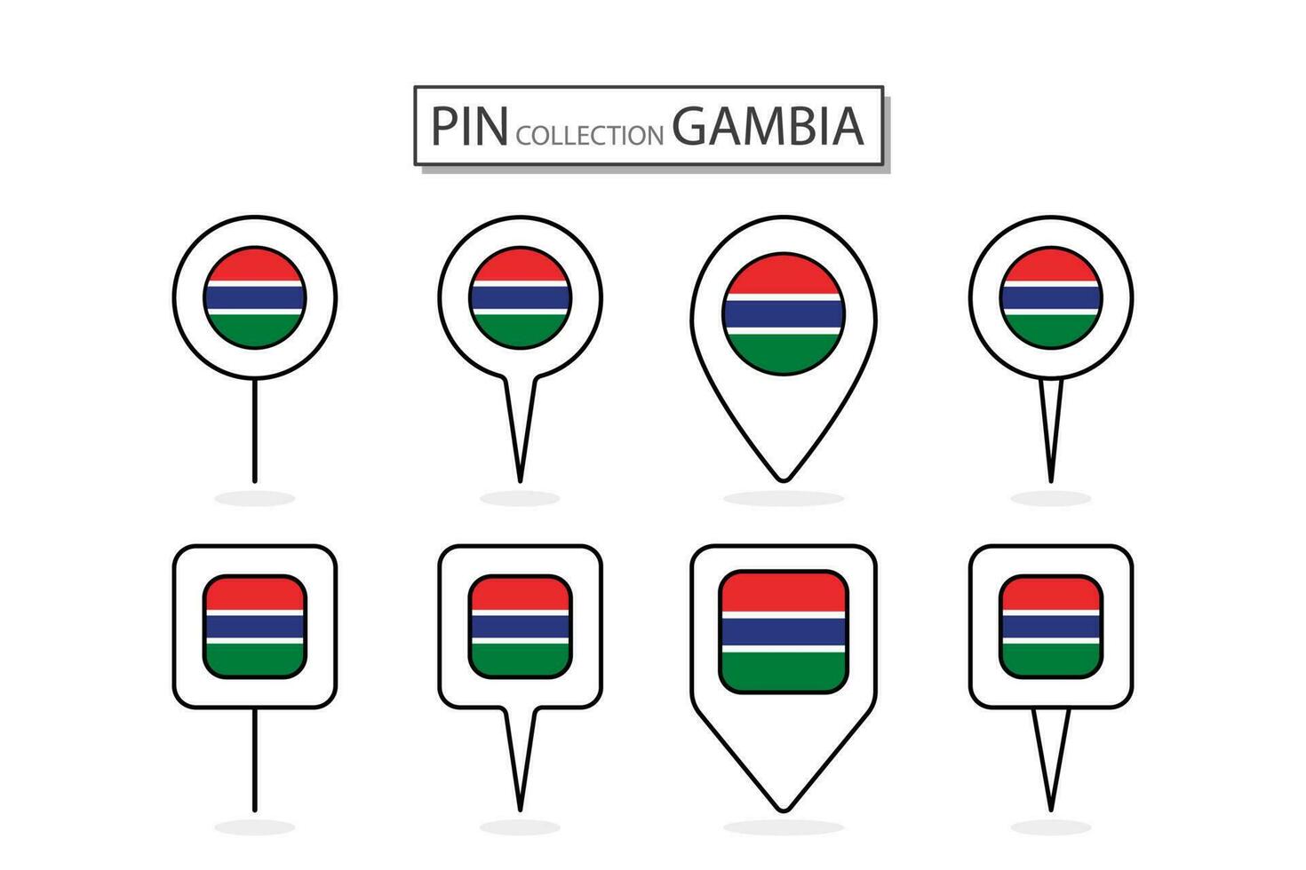 conjunto de plano alfiler Gambia bandera icono en diverso formas plano alfiler icono ilustración diseño. vector