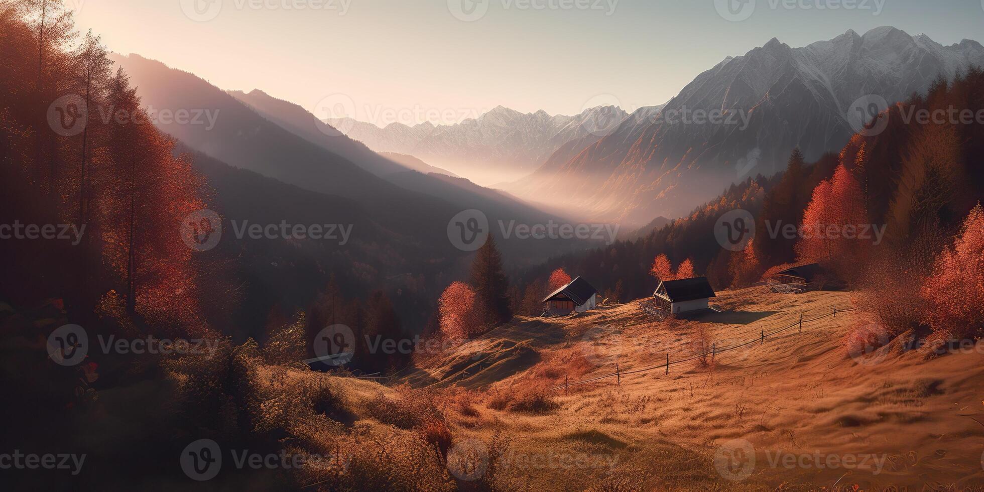 . . Photo realistic illustration of alpen landscape background mountaines hike rocks. Adventure hiking travel explore vibe. Graphic Art