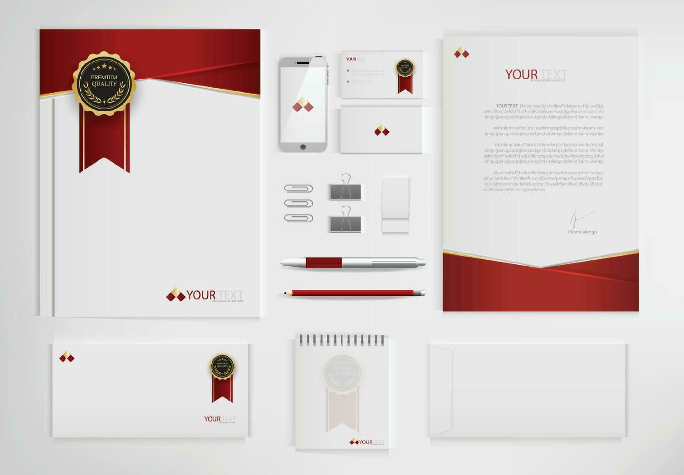 Office equipment kits include notebooks, business cards, pencils, pens, erasers, rulers, scissors. vector