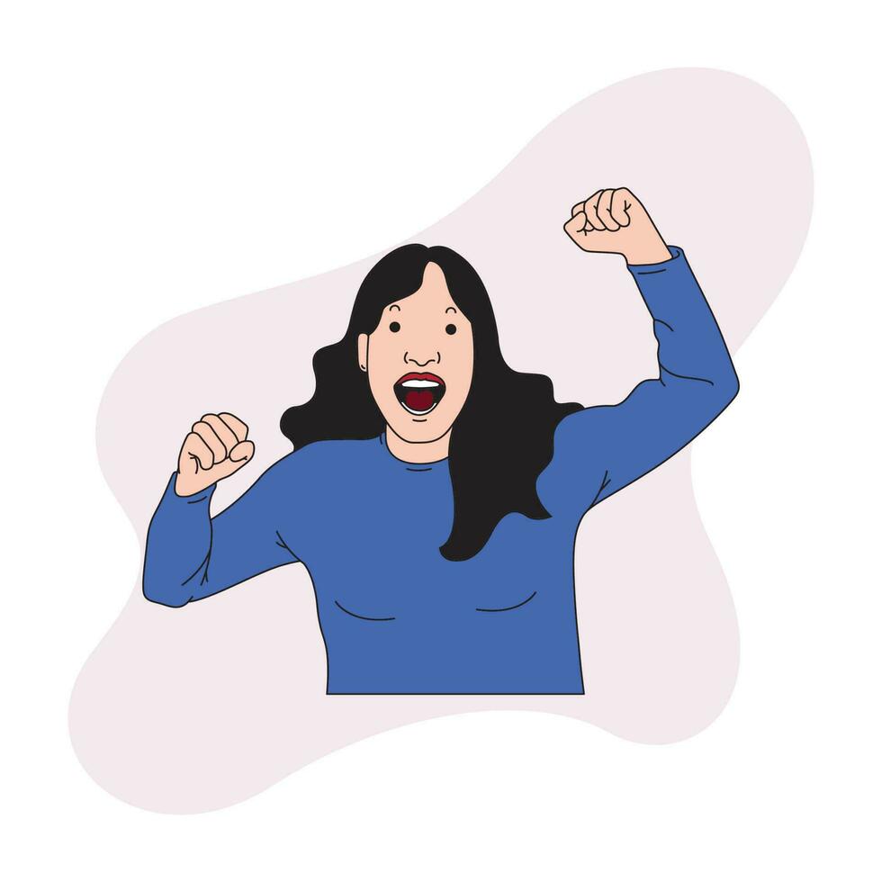a long-haired woman was in high spirits with both hands up vector
