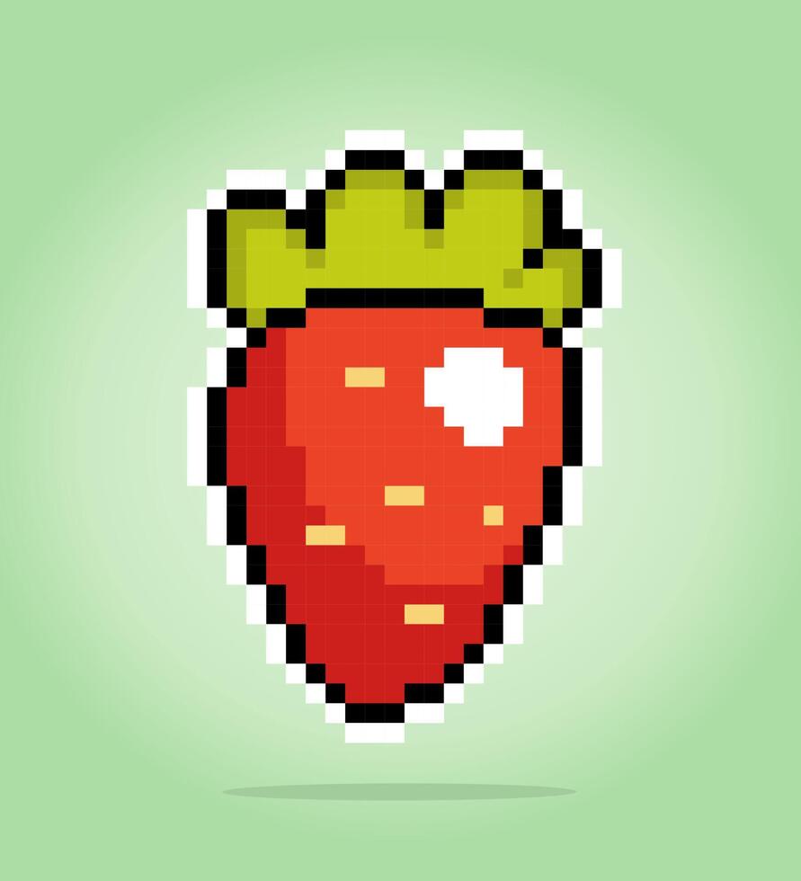 8 bit pixel of Strawberry. Fruits pixel for game assets and cross stitch patterns in vector illustrations.