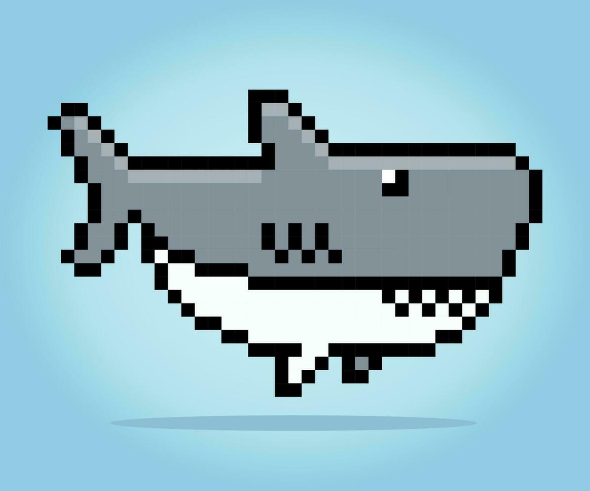 Píxeles de tiburón de 8 bits. animal para juegos de activos y patrones de punto de cruz en ilustraciones vectoriales. vector