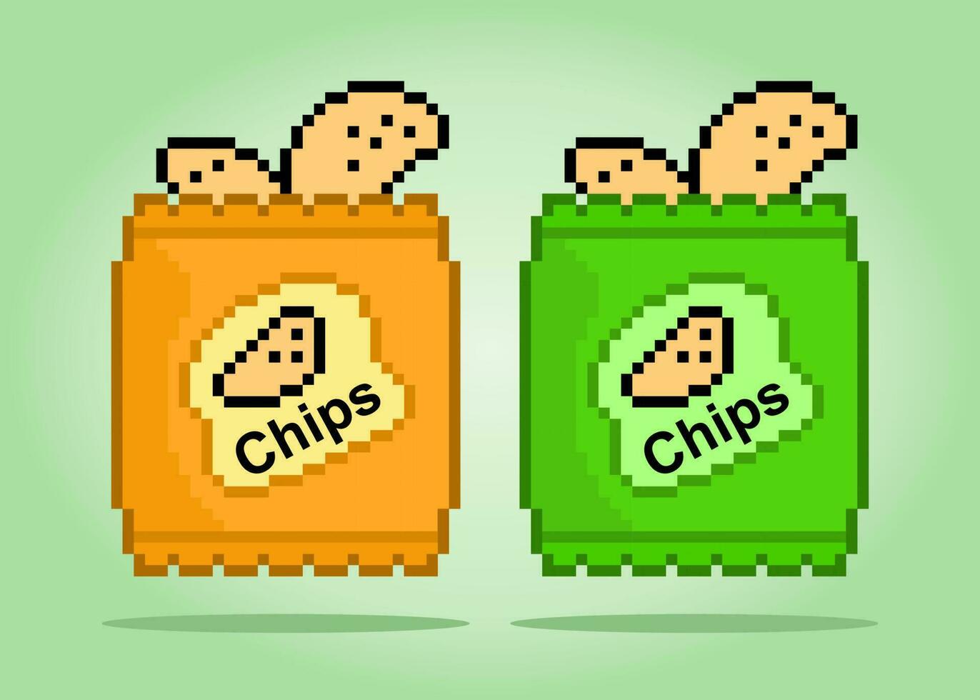 8 -bit pixel snacks. Packaging foods, chips potato for game assets in vector illustrations.