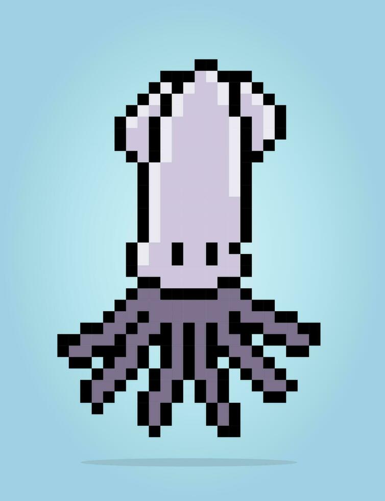 8 bit pixel of squid. Animal pixel for cross Stitch patterns in vector illustrations.