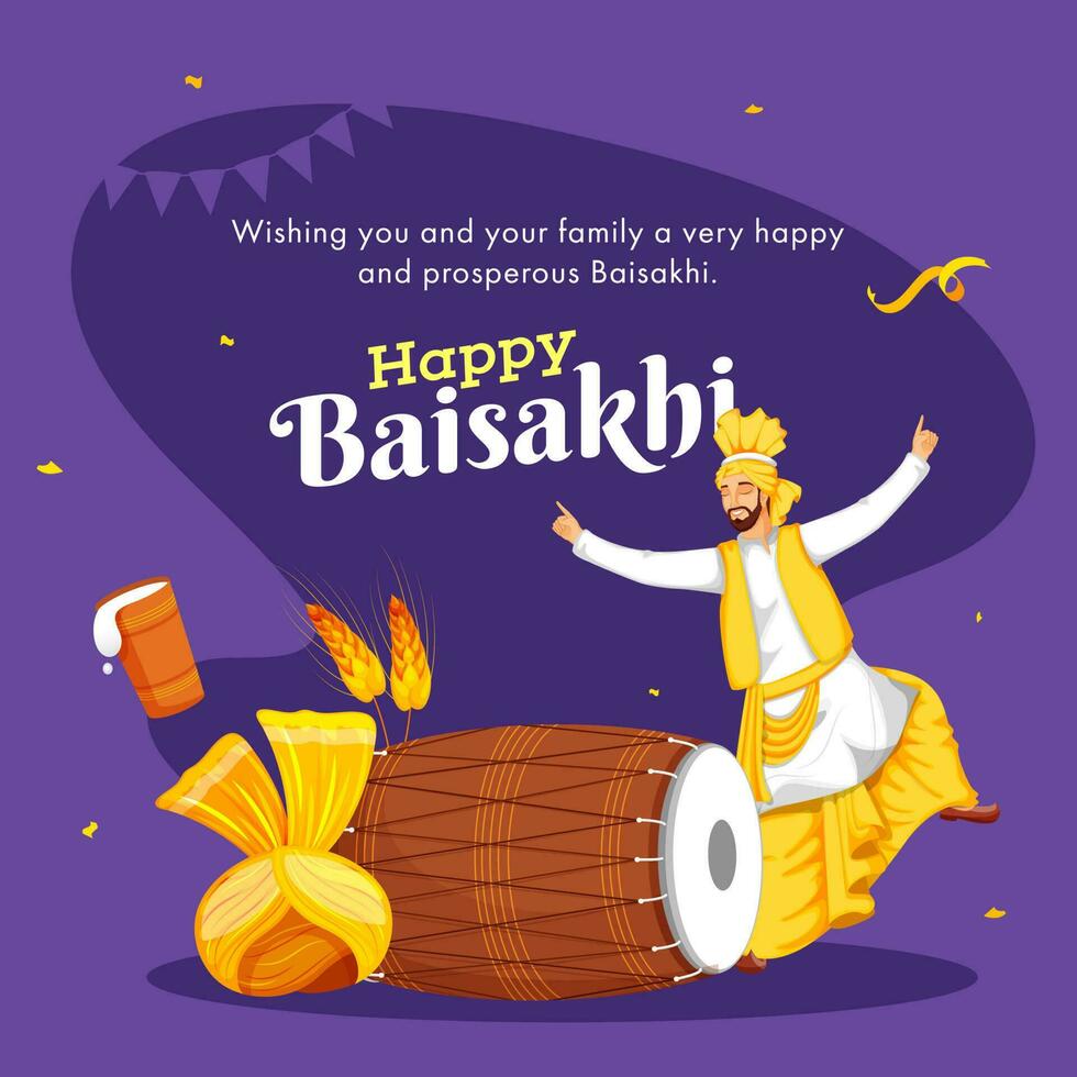 contento baisakhi saludo tarjeta con punjabi hombre haciendo bhangra bailar, turbante, dhol, trigo oído y vaso de lassi en púrpura antecedentes. vector