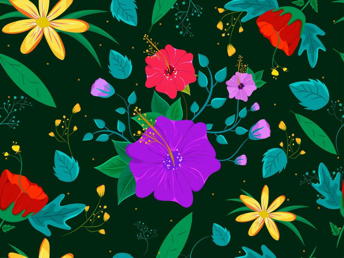 Seamless Beautiful Flowers and Leaves Decorated on Green Background. vector