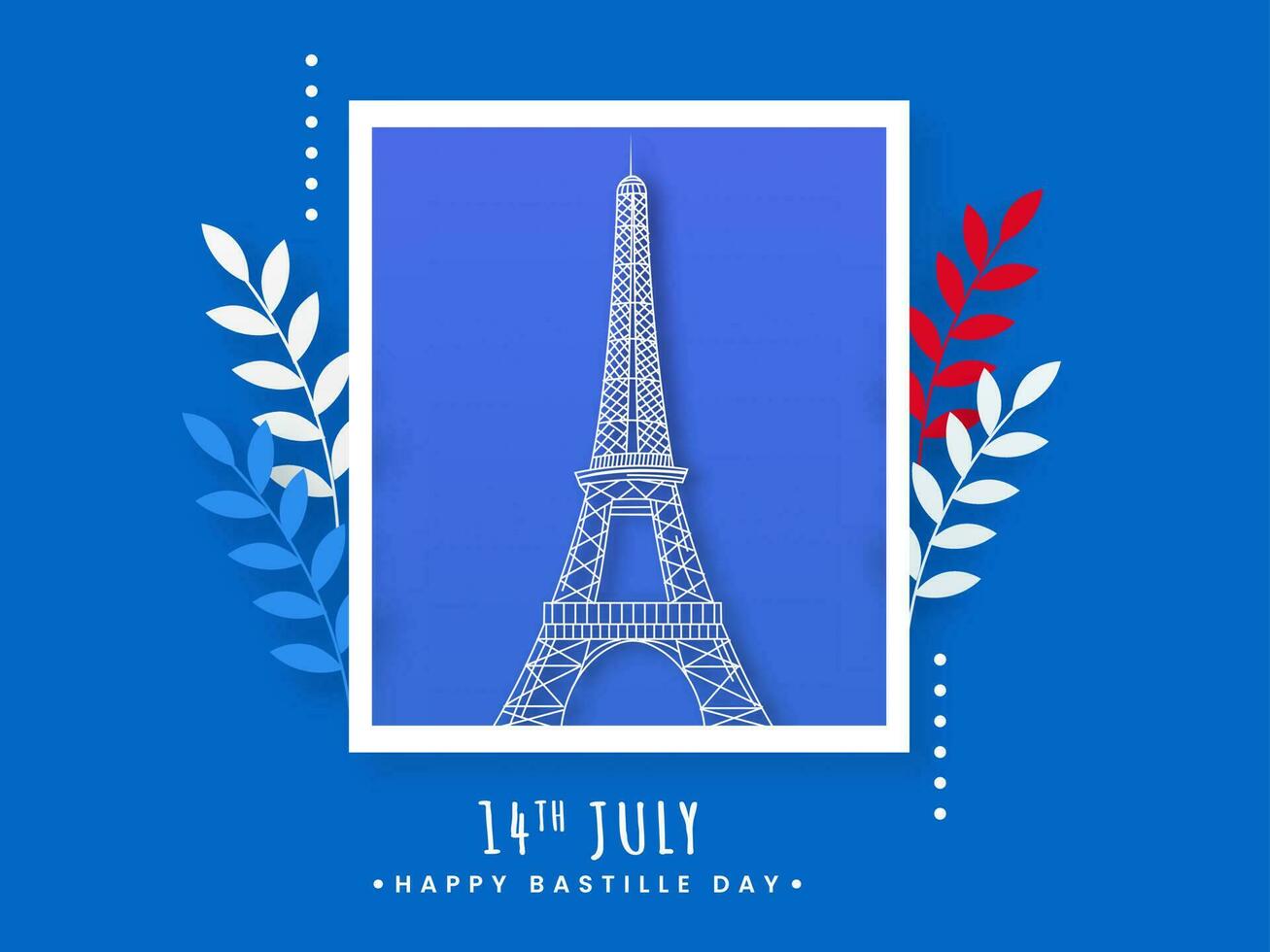 Polaroid Eiffel Tower Image with Leaves on Blue Background for 14th July, Happy Bastille Day. vector