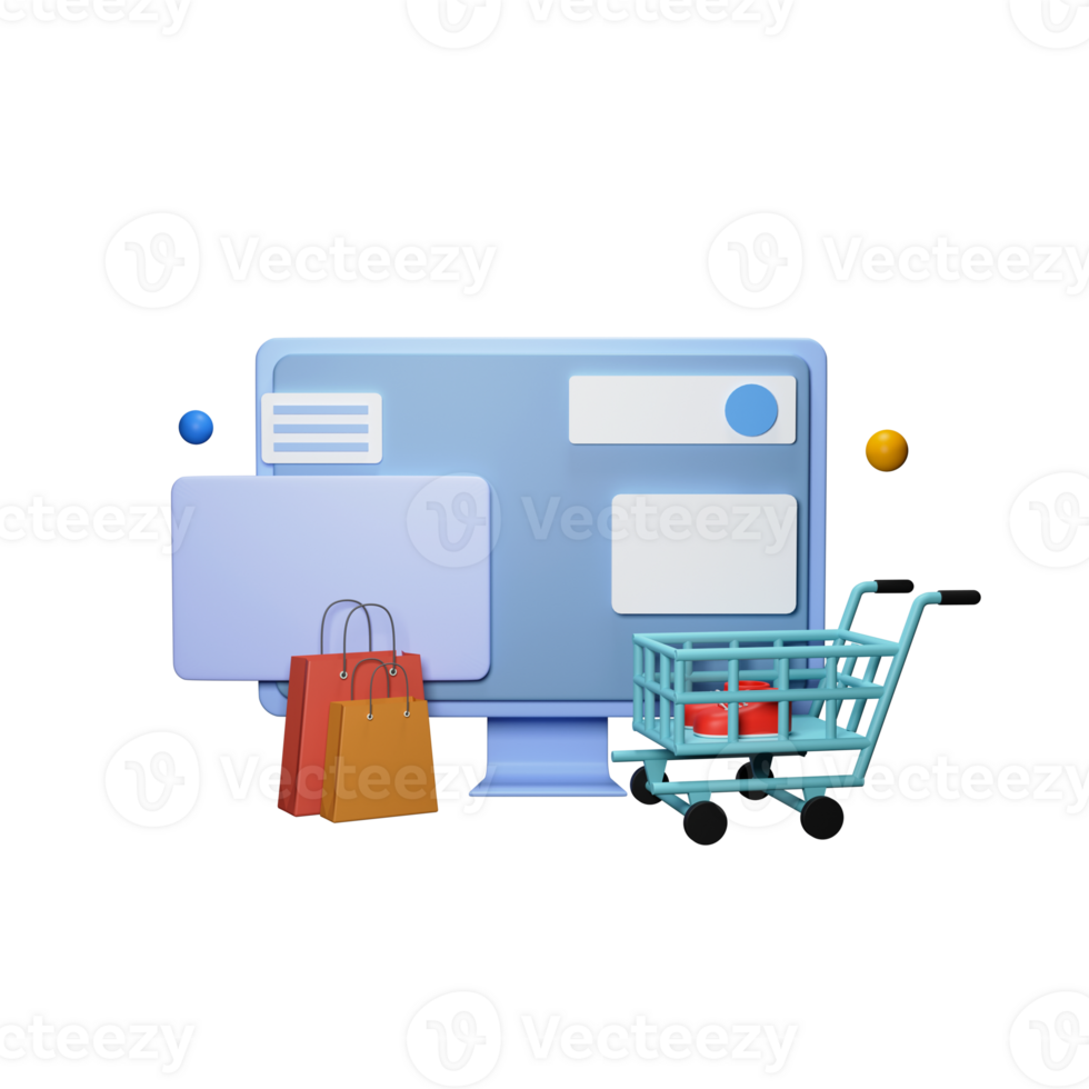 3D Online Shopping Concept With Desktop, Carry Bags, Trolley. png