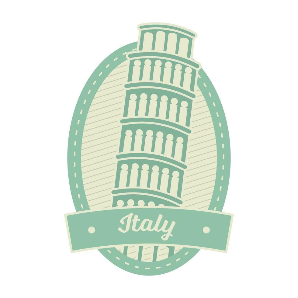 Pastel Green And Yellow Pisa Tower In Oval Frame For Italy Stamp Or Label Design. vector
