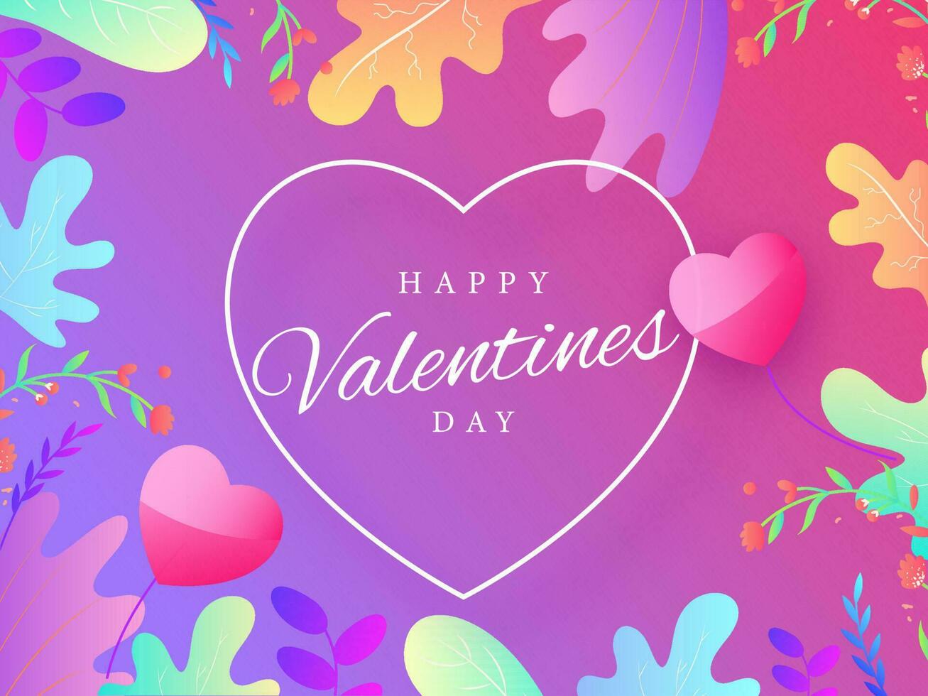 Happy Valentines Day Text with Heart Balloons and Colorful Floral Decorated on Glossy Pink and Purple Background. vector