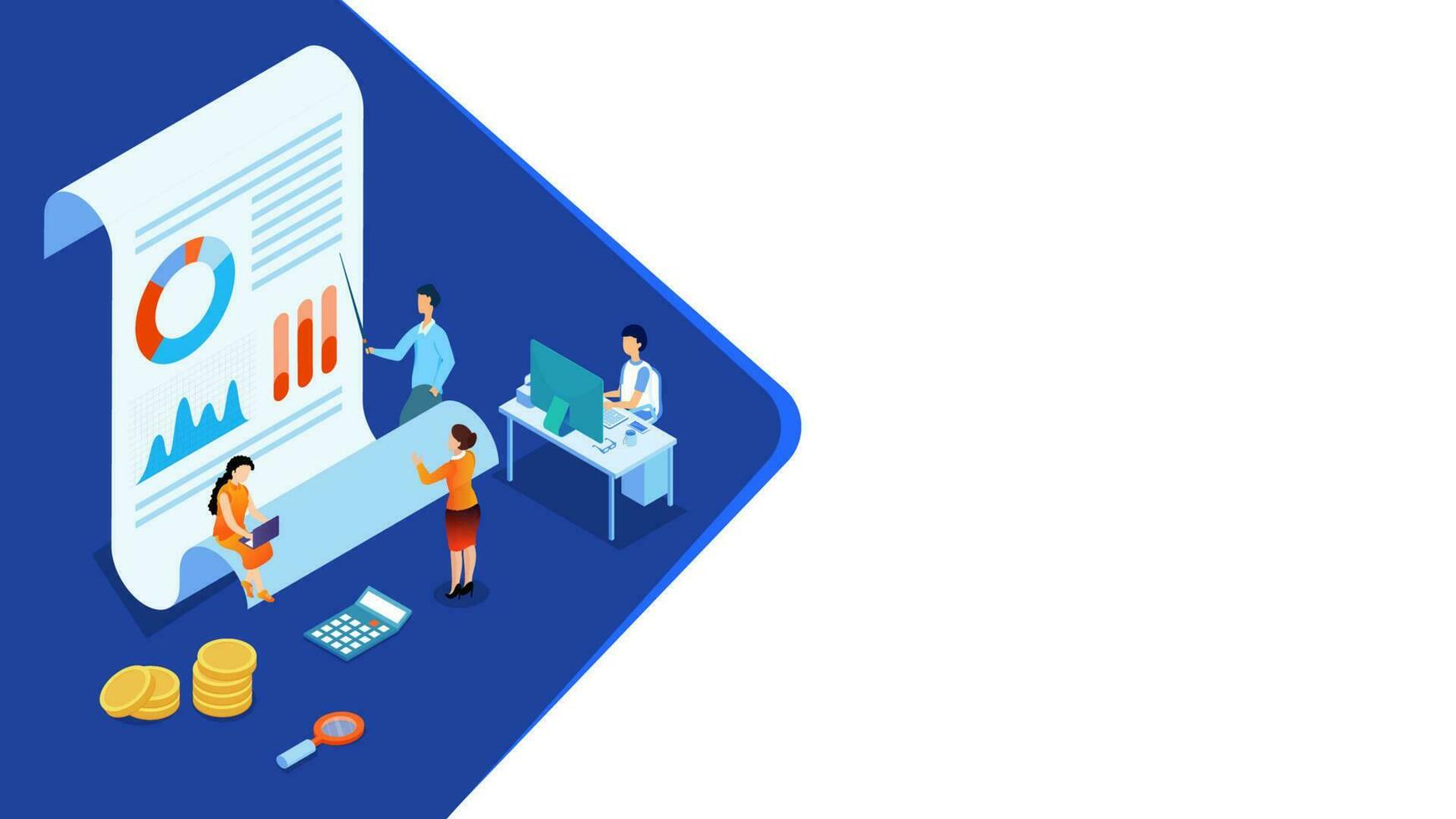 3D illustration of miniature business people maintain the data, report and coins for Data Analysis concept based isometric design. vector