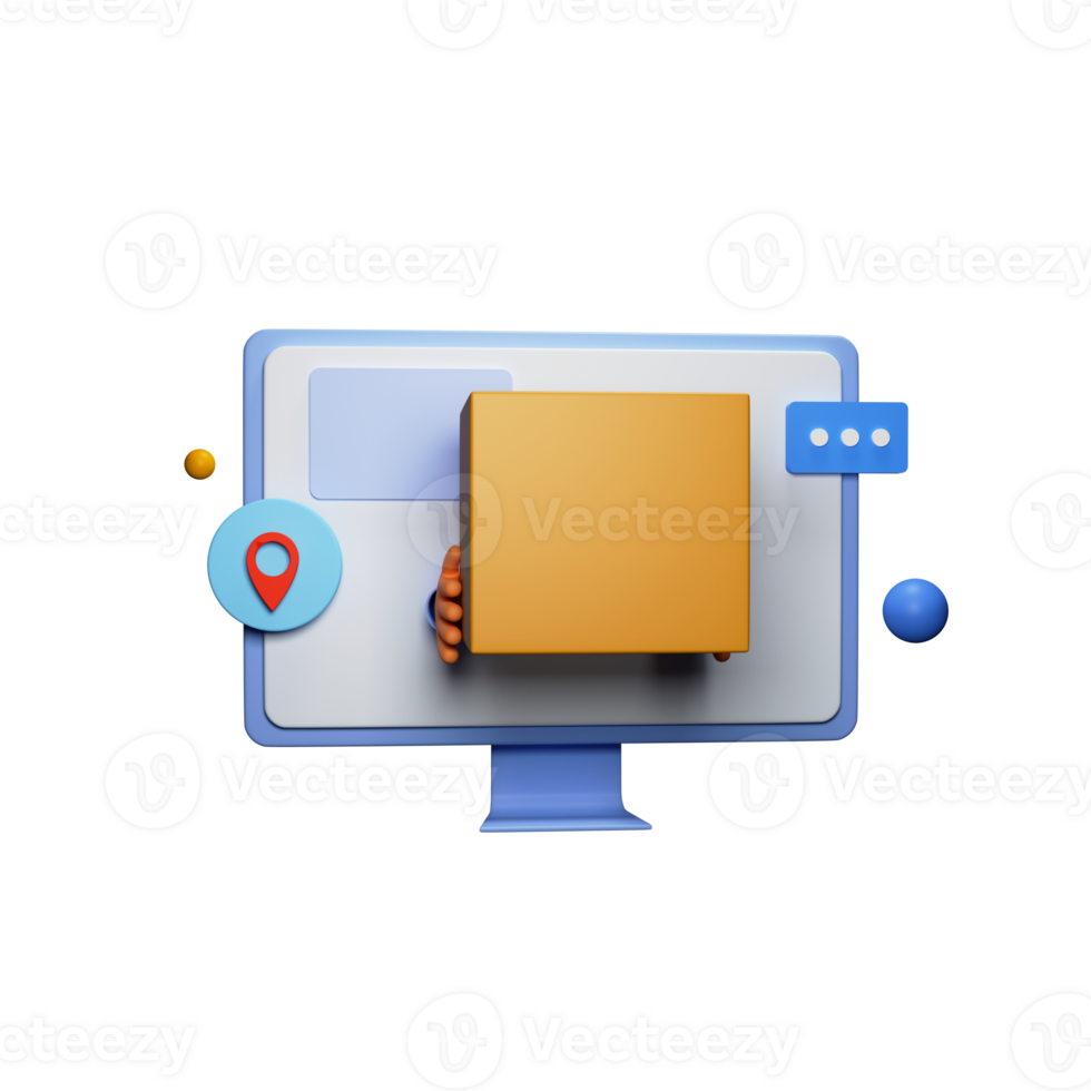 3D Render of Online Delivery Through Desktop With Parcel, Location Pin. png