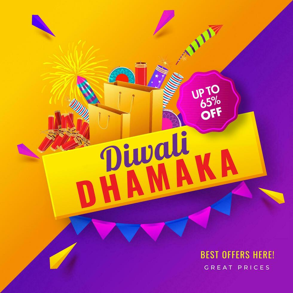Diwali Dhamaka poster or template design with discount offer and firecracker element on orange and purple background. vector