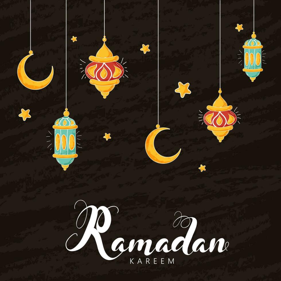 Ramadan Kareem Font with Sticker Style Crescent Moon, Lanterns Hang and Stars Decorated on Brown Grunge Background. vector