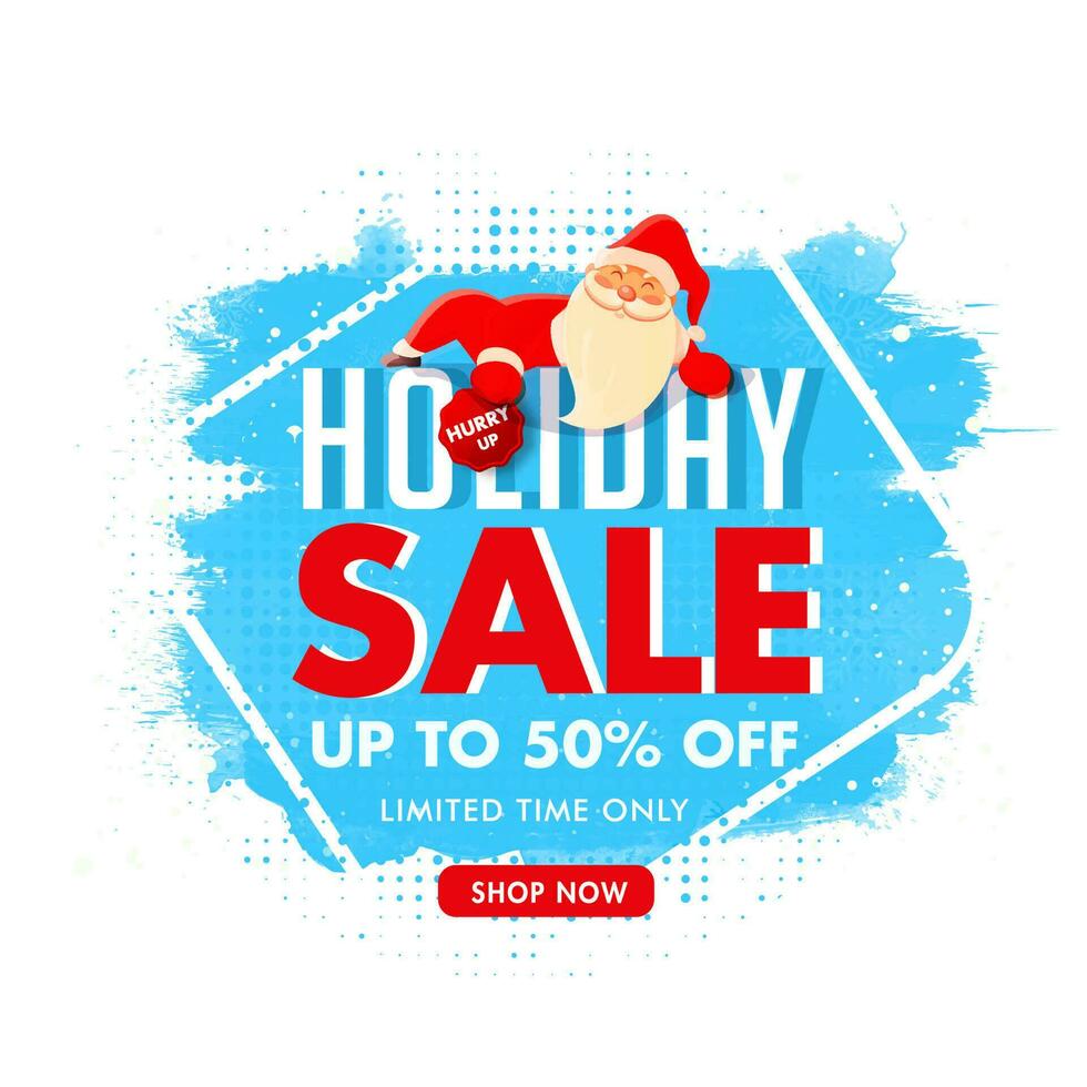 Holiday Sale poster or template design with discount offer and santa claus character on blue brush stroke background. vector