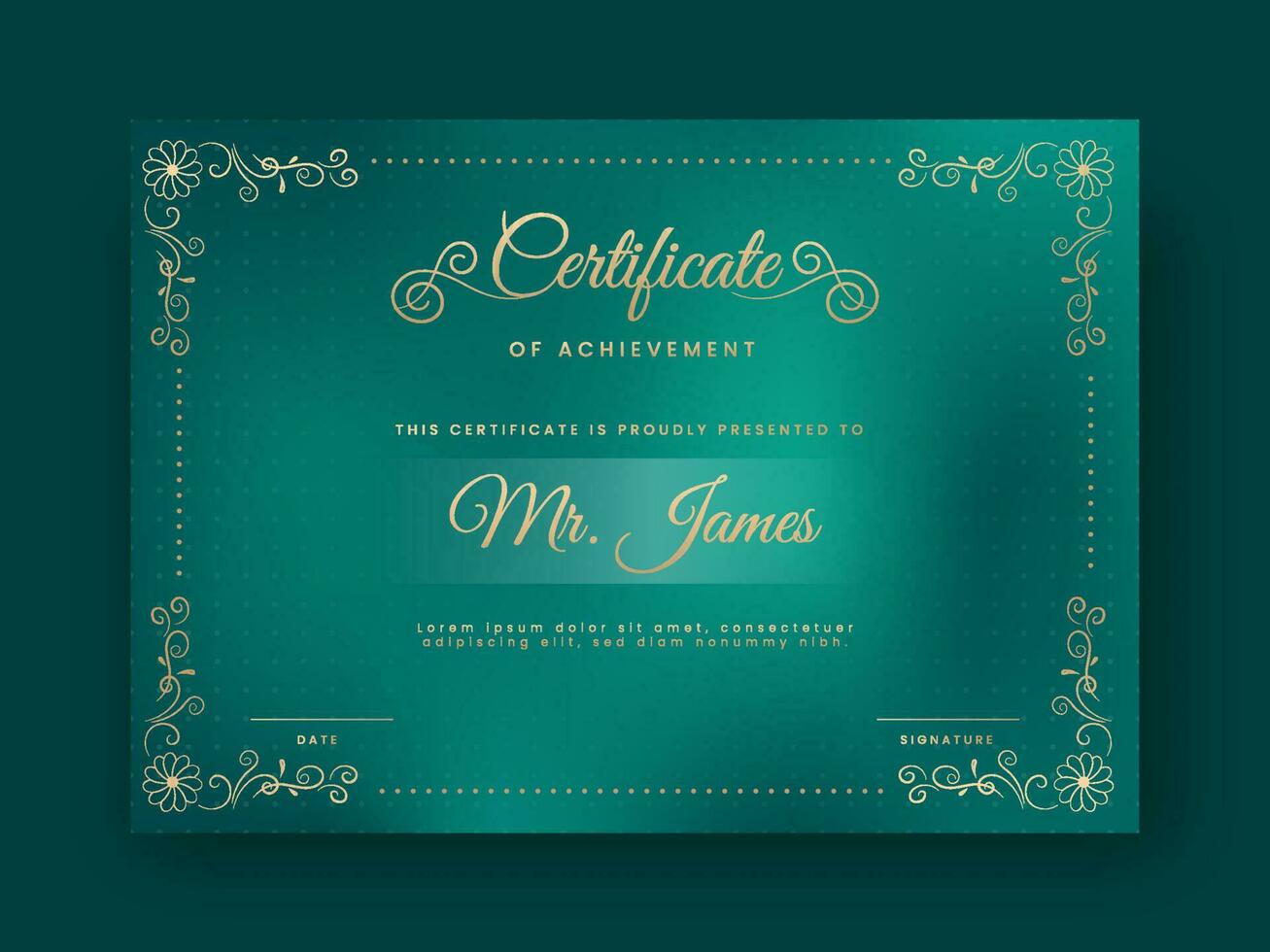 Certificate Of Achievement Template Layout in Golden and Teal Green Color. vector