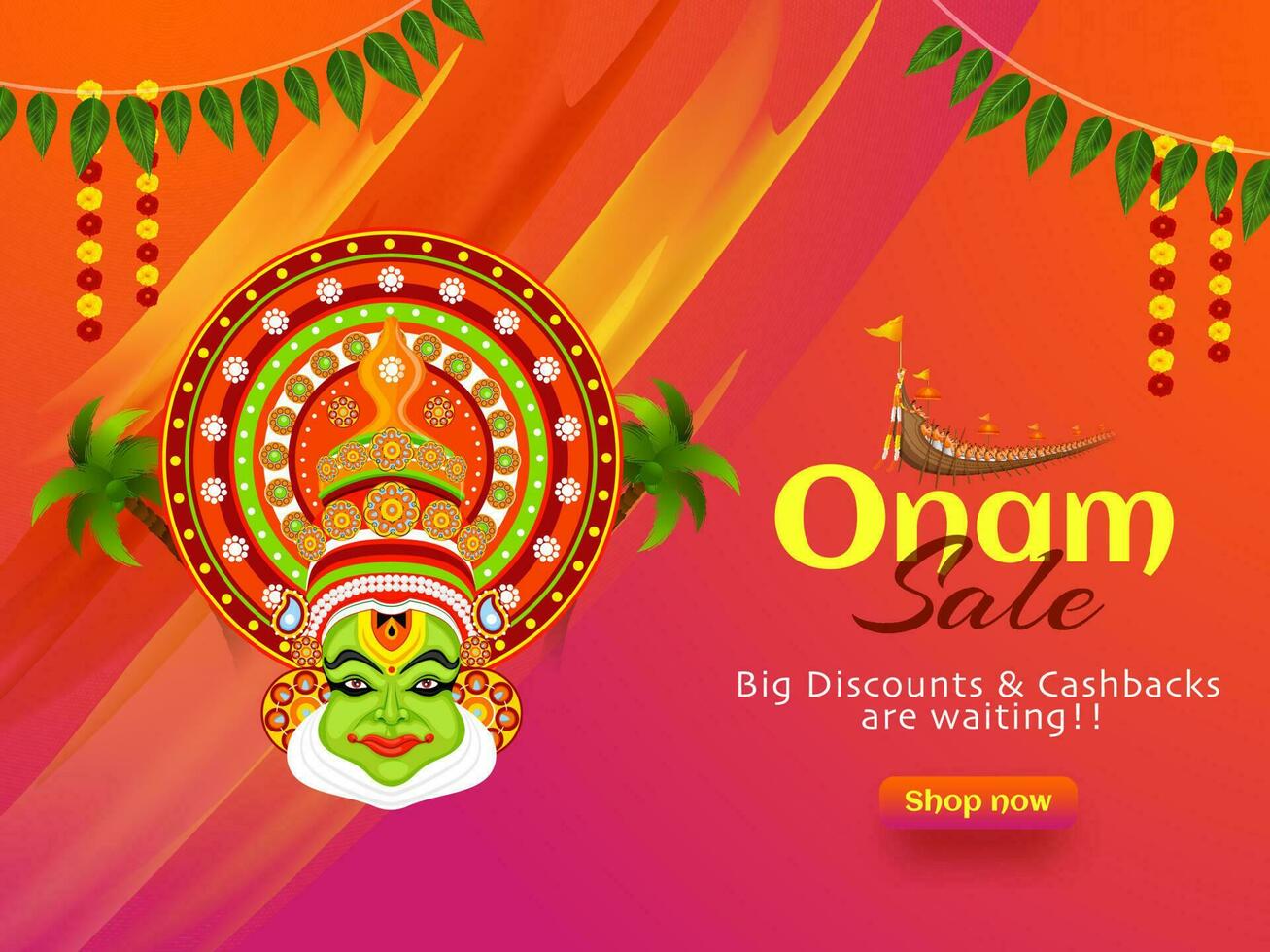 Happy Onam Sale poster or banner design with Big discount and Cashback offer and illustration of Kathakali dancer face on abstract background decorated with floral garland. vector
