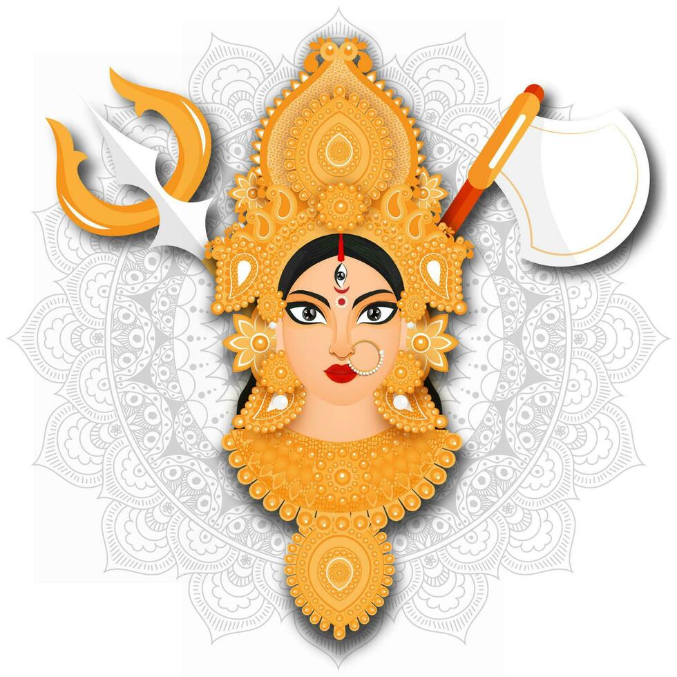 Illustration of Goddess Durga Maa face with weapon on mandala pattern background. vector