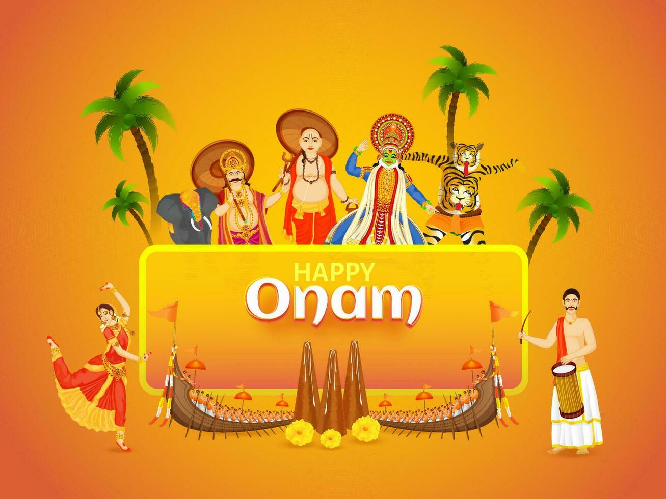 Beautiful festival card or poster design with illustration showing culture and tradition of Kerala for Happy Onam celebration concept. vector