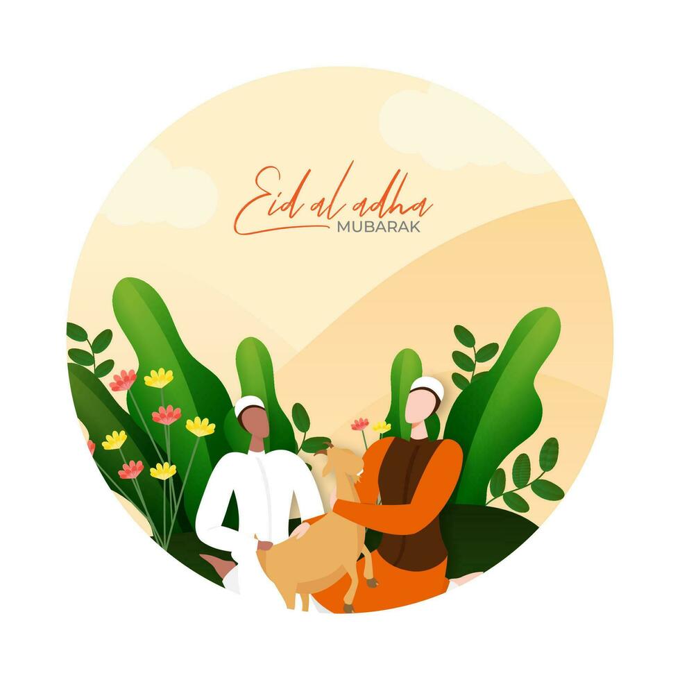 Abstract background poster or banner design with character of faceless man holding goat for Eid-Al-Fitr Mubarak Festival. vector