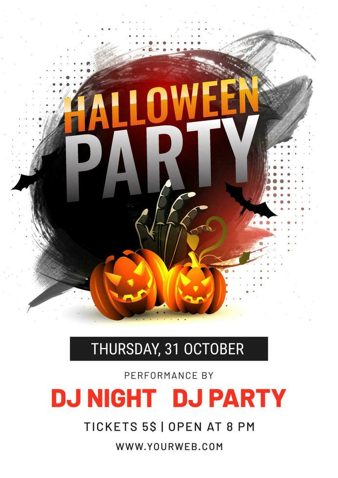 Halloween Party invitation card design with jack-o-lanterns, zombie hand and event details on black brush stroke background. vector