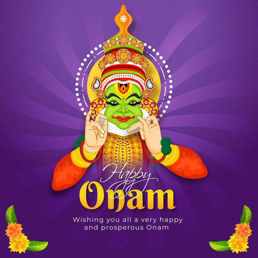 Happy Onam festival message card or poster design with illustration of Kathakali dancer on purple rays background. vector