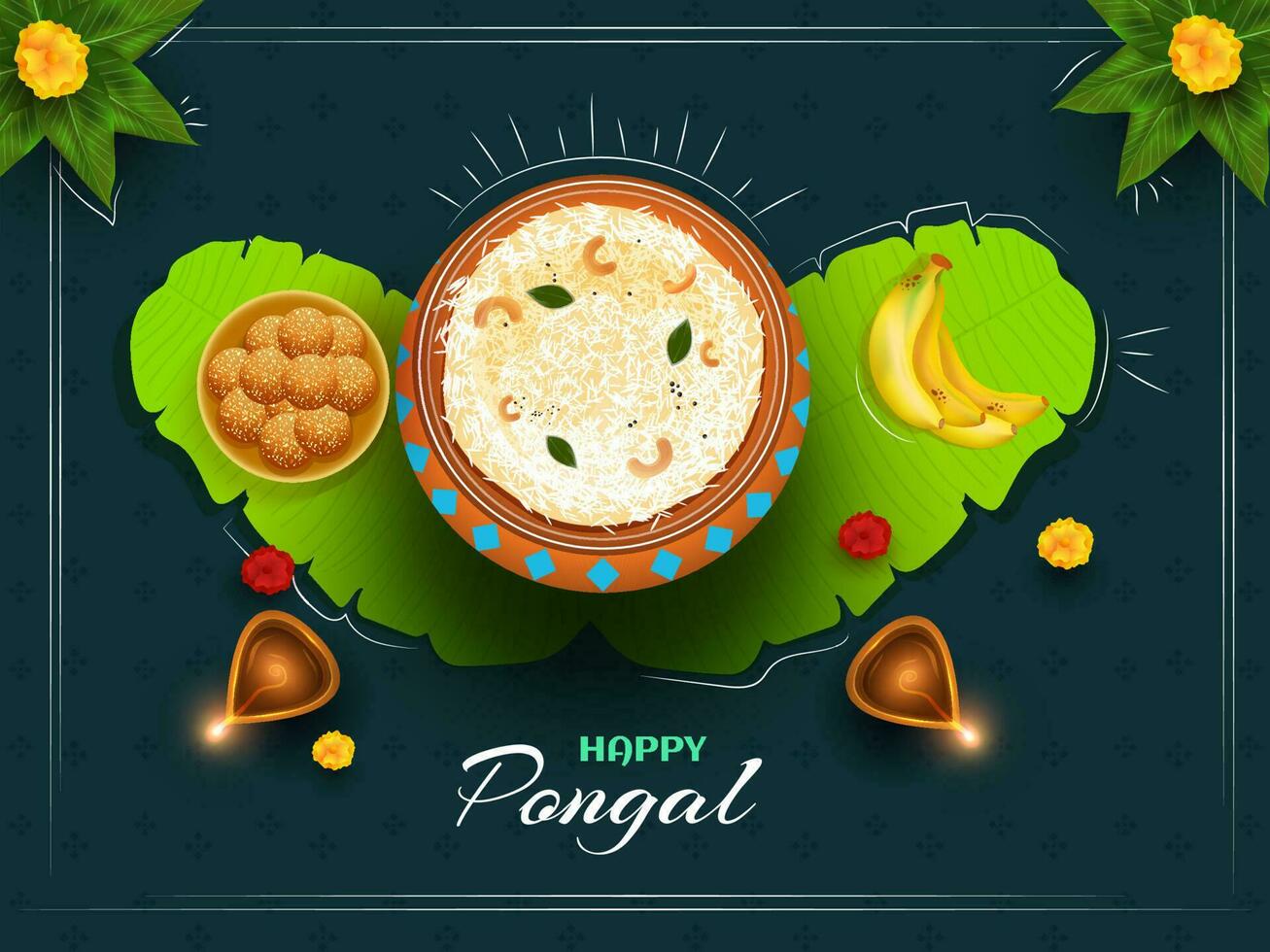 Happy Pongal celebration greeting card design with top view of rice mud pot, sweet, banana leaves and illuminated oil lamp on green background. vector