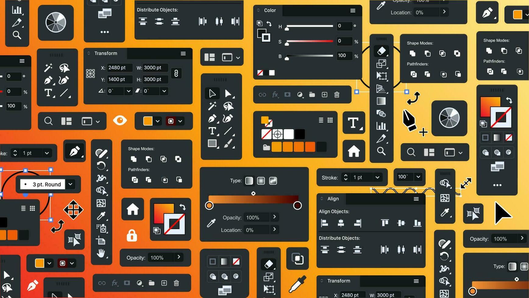 Background of vector processing tools. Tool Blocks. Graphic editor. Designer UX UI bg. Set of icon panels and tools for designers. Set of design theme items. Buttons and icons. Toolbar