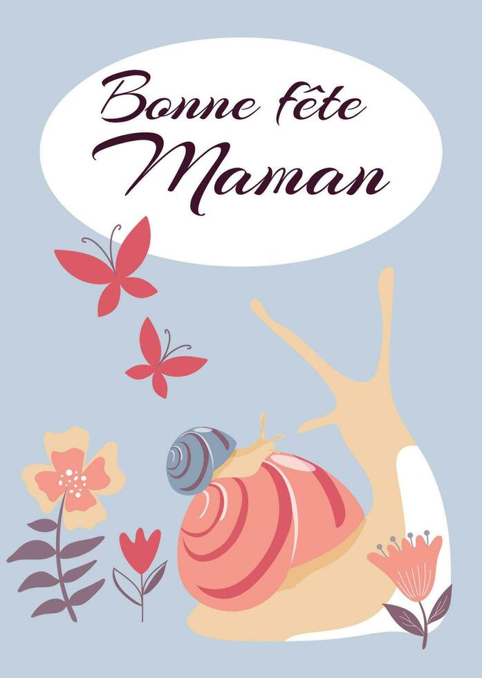 linda diseño de saludo tarjeta para de la madre día en francés idioma. vector ilustración con dos Caracoles y flores bonne fiesta mamá