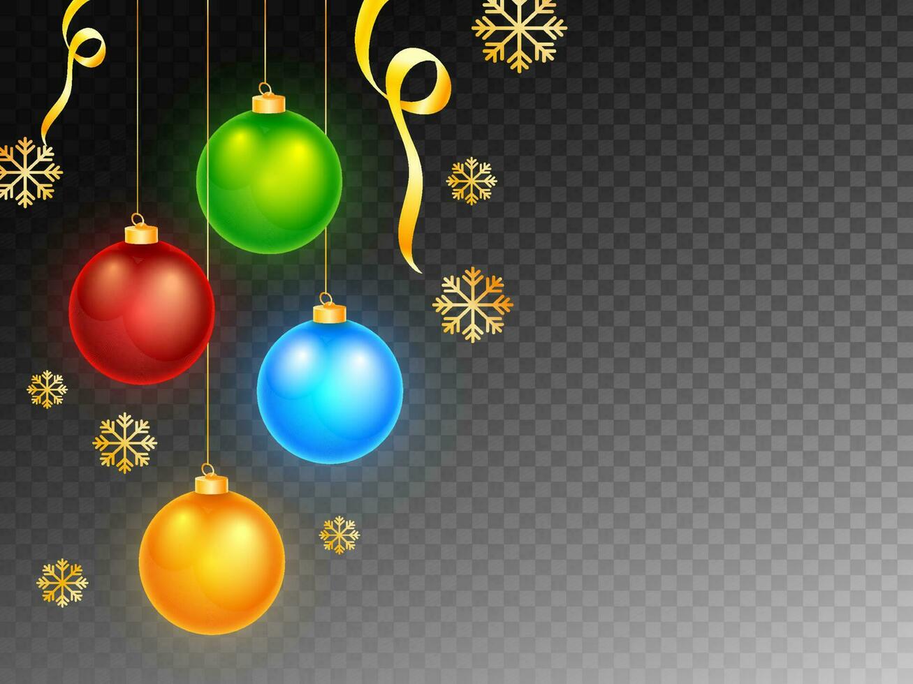 Glossy Christmas Balls Hang with Golden Snowflakes and Ribbon. vector