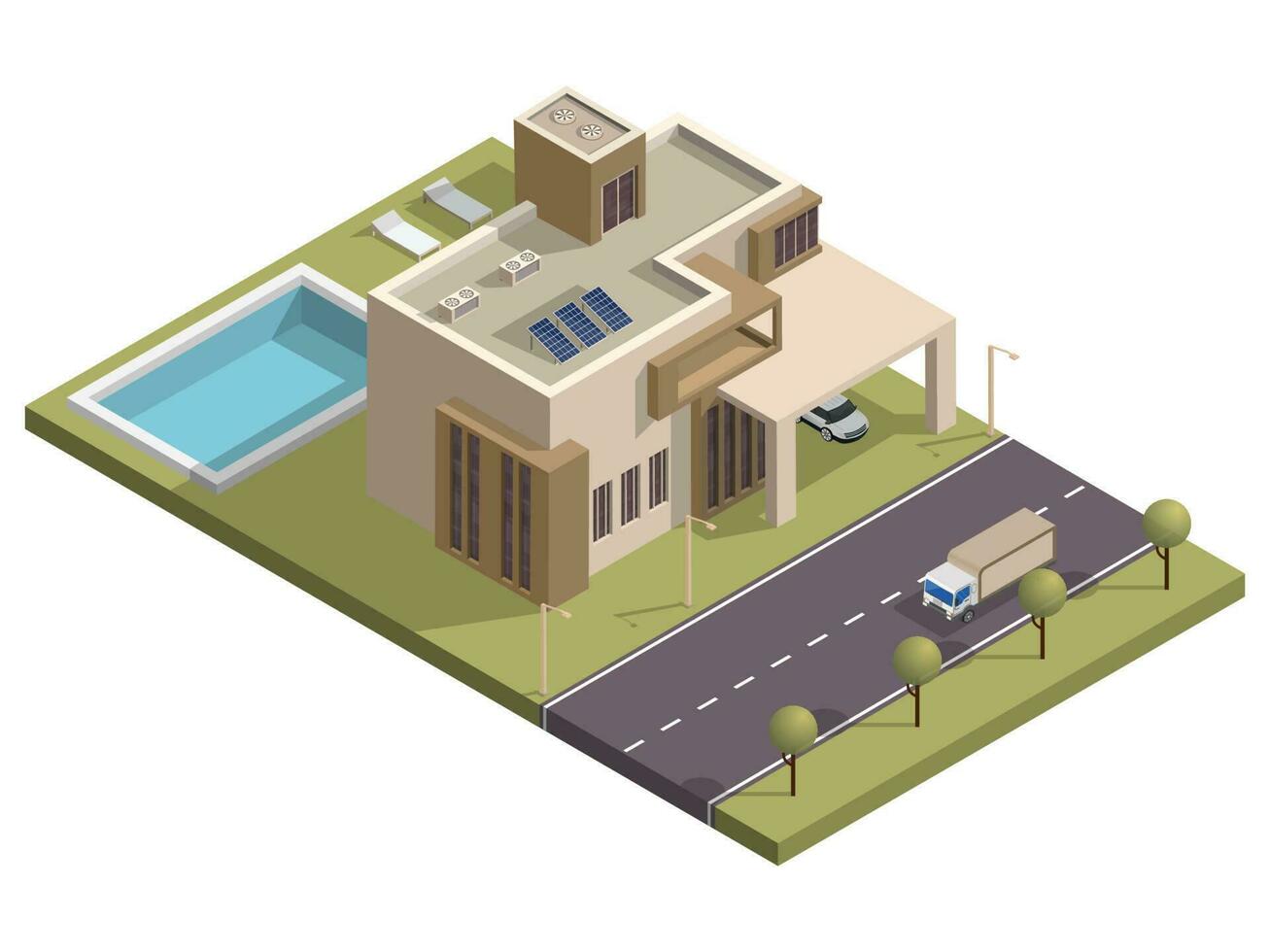 Isometric building with swimming pool and car parking along transport street background. vector