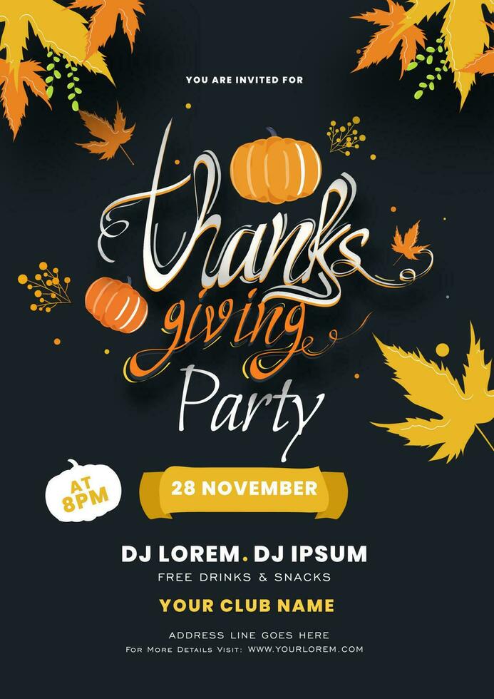 Thanksgiving Party invitation card design with pumpkins, autumn leaves and event details on grey background. vector